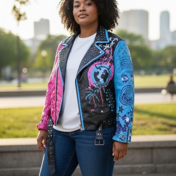 Rebel Stylish Women's Pink and Blue Leather Jacket XL - Picture 2 of 9